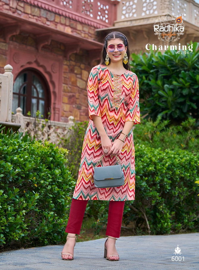 Charming Vol 6 By Radhika Modal Chanderi Work Designer Kurtis Wholesale Price In Surat
